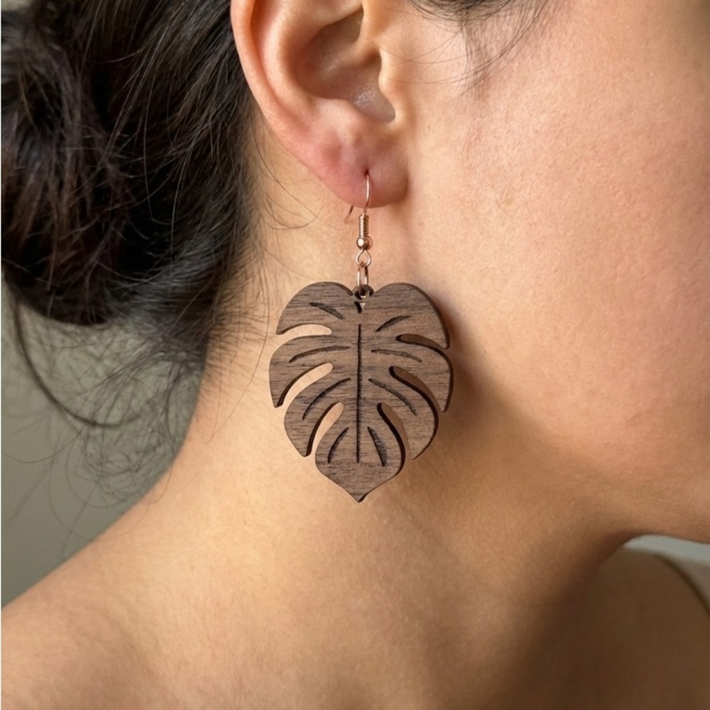 Natural Brown Walnut Wood Monstera Leaf Earrings - Picture 2 of 3